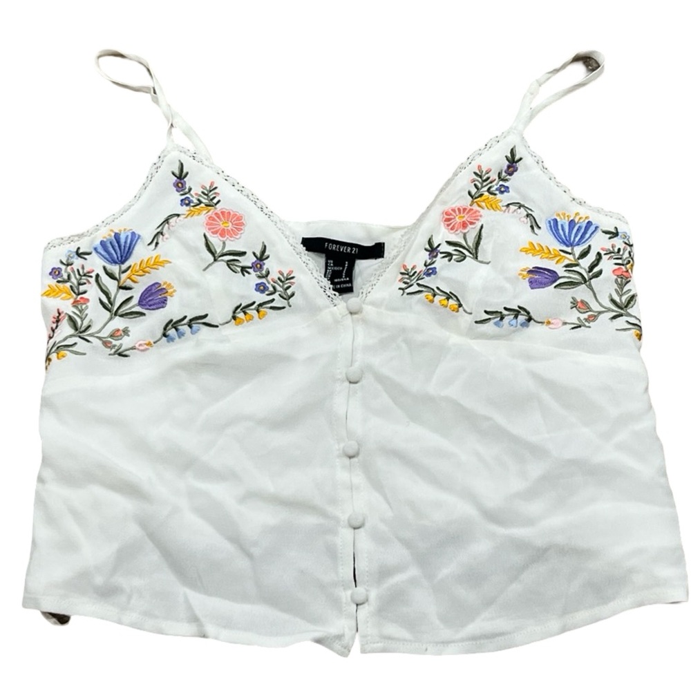 Forever21 White Button Up V-Neck Floral Embroidered White Camisole Size Small - Picture 1 of 5